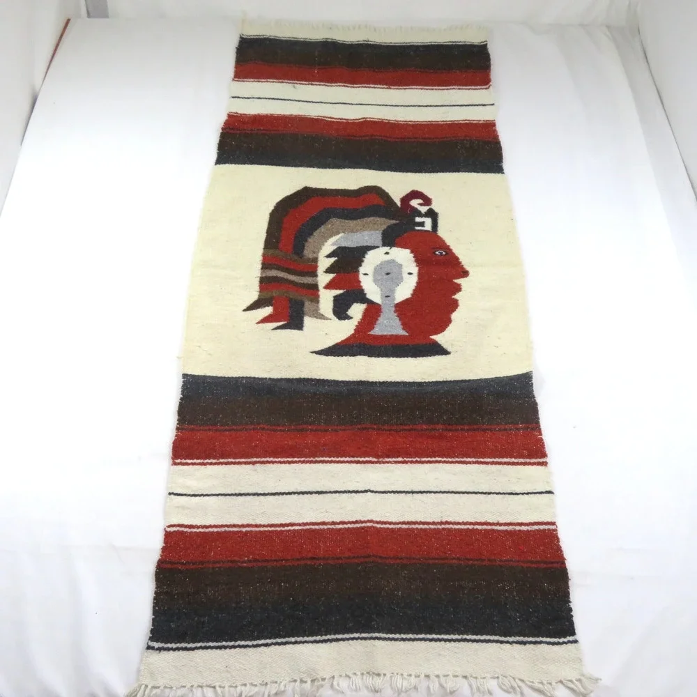 Mexican Style Woven Rug Wall Hanging- Aztec Chief Warrior 25 X 62 Vintage